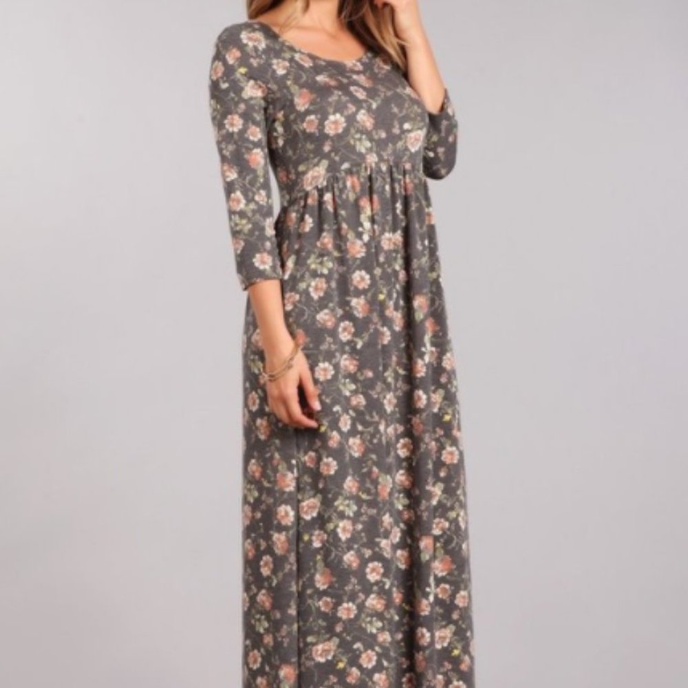 Floral Print Maxi Dress in Charcoal - Picture 2 of 10
